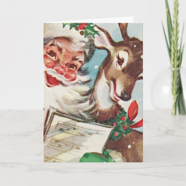 Vintager Weihnachtsmann und Rentier Feiertagskarte (Vorderseite)