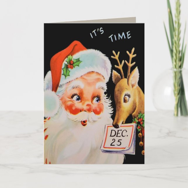 Vintager Weihnachtsmann und sein Rentier Feiertagskarte (Vorderseite)