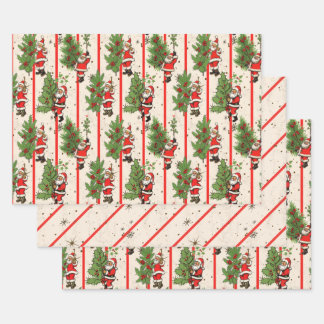 Vintager Weihnachtsmann und Streifen Geschenkpapier Set