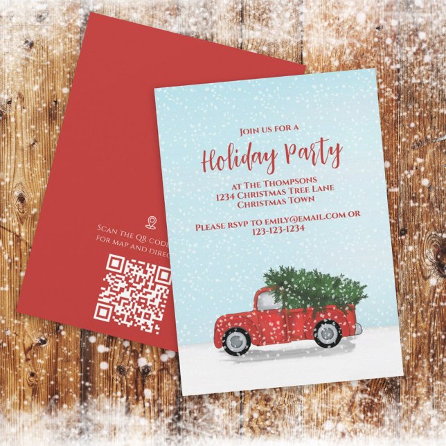 Vintager Weihnachtsrottwagen-Code Fahrtrichtung Einladung (Holiday cute Christmas vintage red truck invitation with freshly falling snow. )