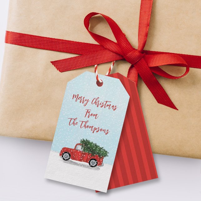 Vintager Weihnachtsrottzug Winterschneeflocken Geschenkanhänger (Cute whimsical winter watercolor rustic red truck scene gift tag.)