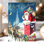 Vintager Weihnachtsschmuck Frohe Weihnachten<br><div class="desc">Vintager Weihnachtsmann Kamin Frohe Weihnachtskarte. Dieses Design zeigt den Weihnachtsmann mit seinem Rentier,  der den Schornstein hinuntergeht. Was für eine schöne Retro-Urlaubsszene! Personalisieren Sie dieses maßgeschneiderte Design mit Ihrem eigenen Gruß.</div>