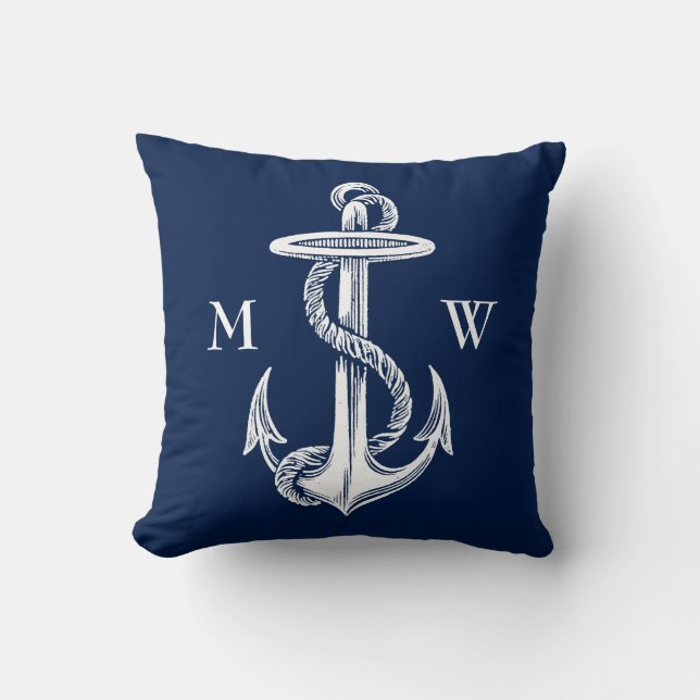Vintager weißer Anker-Seil-Marine-Blau-Hintergrund Kissen (Vorderseite)