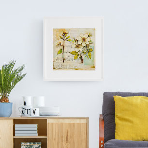 VINTAGER WEISSER BLUMEN IN BEIGEFÜGTEM PAPIER POSTER