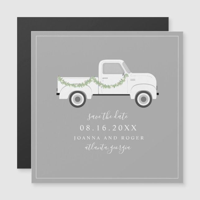 Vintager weißer LKW-Hochzeitstag retten Magneteinladung (Vorne/Hinten)