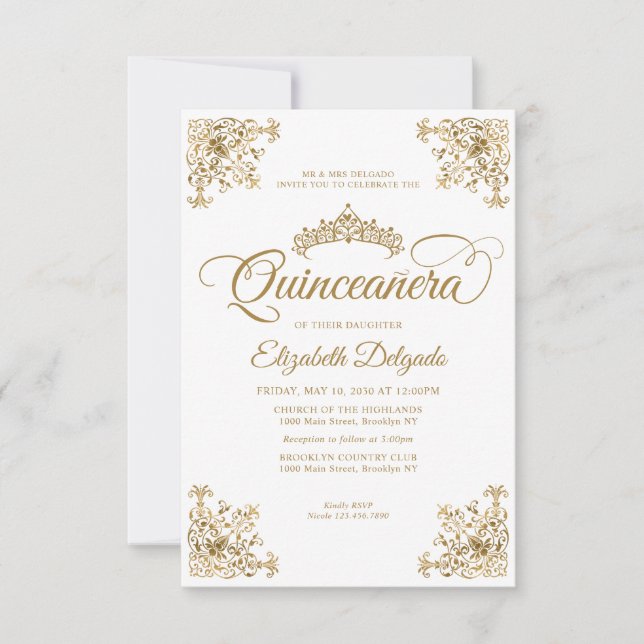 Vintager Weißgoldrahmen Tiara Quinceanera Mitteilungskarte (Vorderseite)