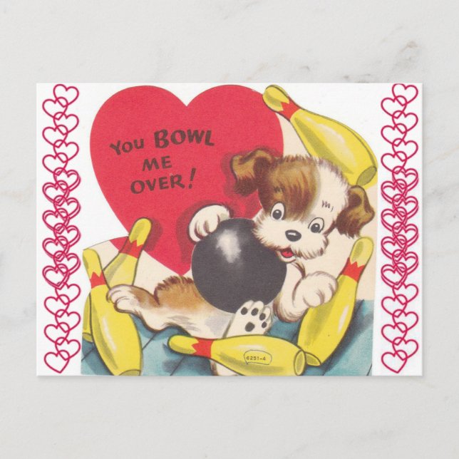 Vintager Welpenhund Bowling Valentine Postkarte (Vorderseite)