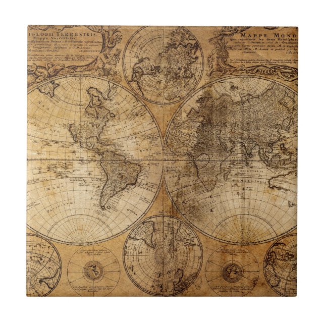 Vintager Weltkarten-Atlas Fliese (Vorderseite)