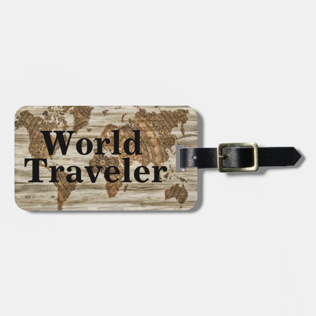 Vintager Weltkarten-Weltreisender u. -name Gepäckanhänger (Vorderseite horizontal)
