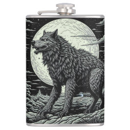 Vintager Werwolf vor dem Vollmond Flachmann
