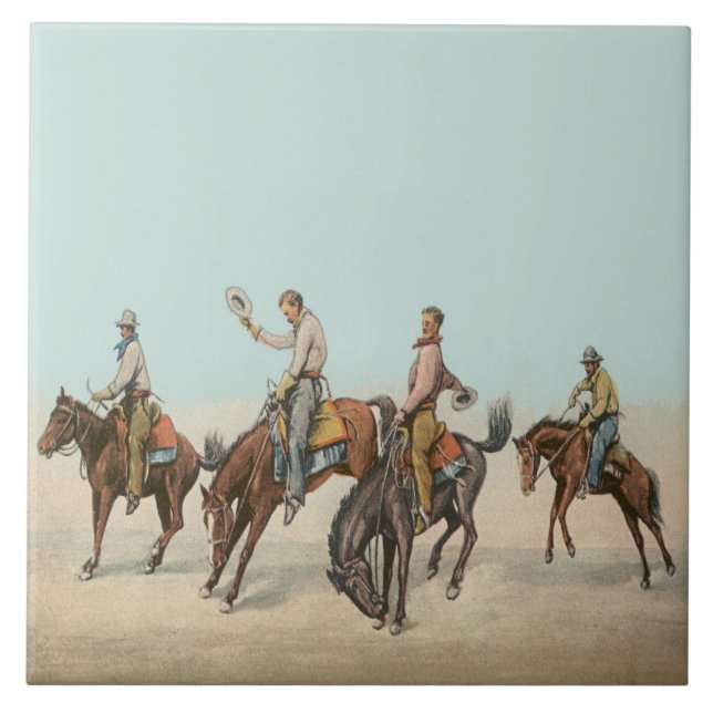 Vintager Western 4 Cowboys bei Buckelpferden Fliese (Vorderseite)