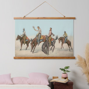Vintager Western 4 Cowboys bei Buckelpferden Wandteppich Mit Holzrahmen
