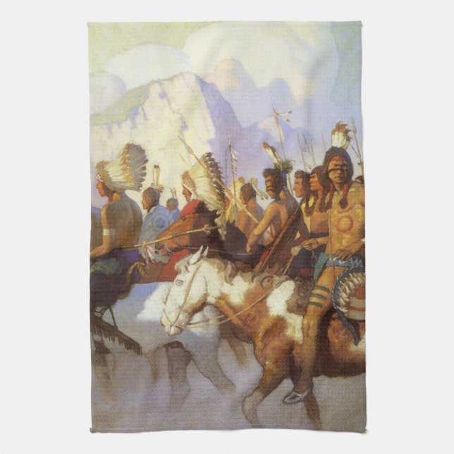 Vintager Western Art, Party des Indischen Krieges  Geschirrtuch (Vertikal)