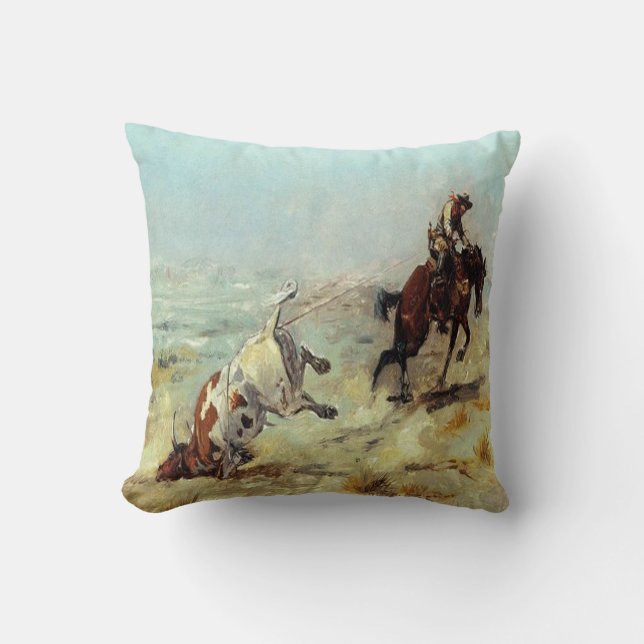Vintager Western-Cowboy, der einen Ochsen Roping Kissen (Vorderseite)