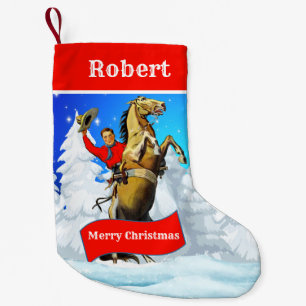 Vintager Western-Cowboy, der Pferd fröhliches Kleiner Weihnachtsstrumpf