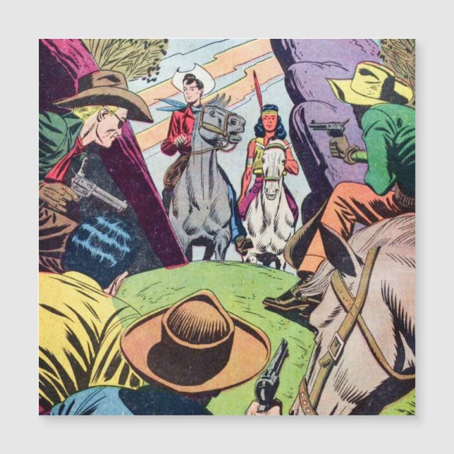 Vintager Western Cowboy Era Comic Book Scene Magnetkarte (Vorderseite)