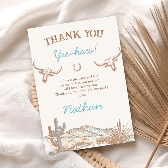 Vintager Western Cowboy First Rodeo 1. Geburtstag Dankeskarte (Boys Rodeo Wild West Western Southwestern Birthday Thank You Card, Longhorn Cows, Western Desert, )