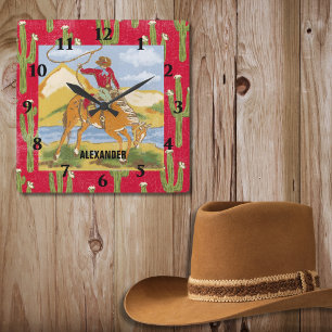 Vintager Western Cowboy Rodeo Kunst, Dichtung und Quadratische Wanduhr