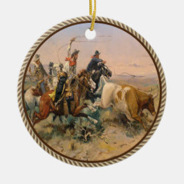 Vintager Western Cowboy Roping A Steer Keramik Ornament