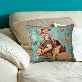 Vintager Western Cowgirl am Holzpferd Kissen