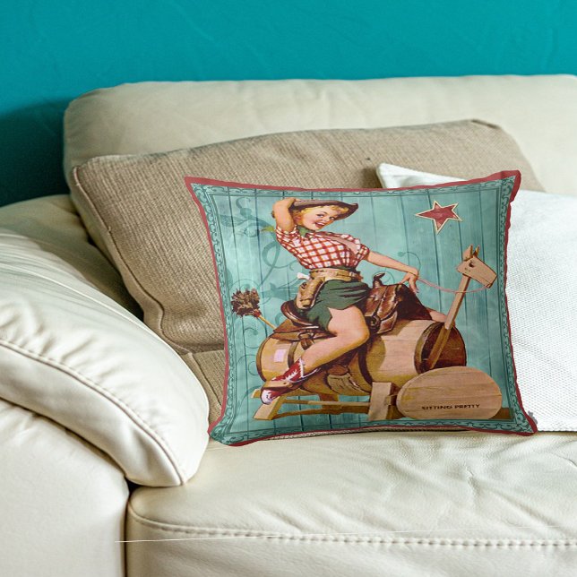 Vintager Western Cowgirl am Holzpferd Kissen (Von Creator hochgeladen)