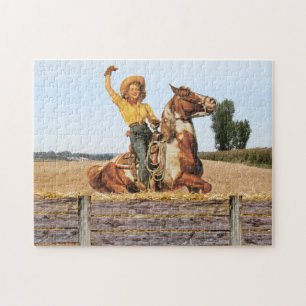 Vintager Western Cowgirl am Horse Waving