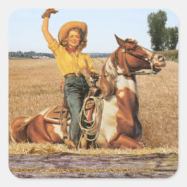 Vintager Western Cowgirl am Horse Waving Quadratischer Aufkleber