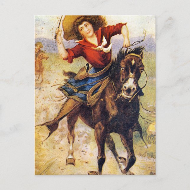 Vintager Western Cowgirl am Pferd Postkarte (Vorderseite)