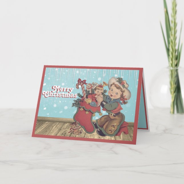 Vintager Western Cowgirl Kind und Weihnachts-Strum Karte (Vorderseite)