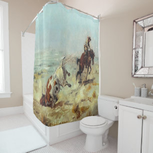 Vintager Western-Kunst-Cowboy, der einen Ochsen Duschvorhang