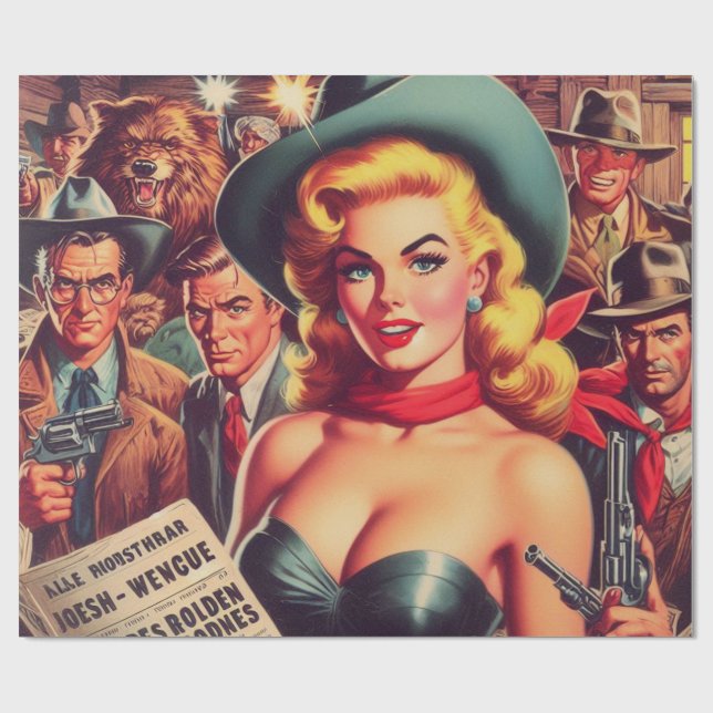 Vintager Western Pulp Girl Geschenkpapier (Flach)