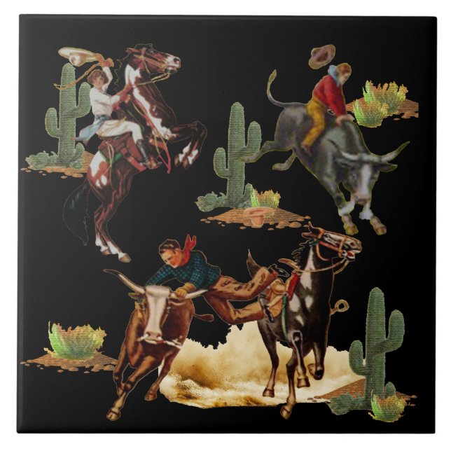 Vintager Western Rodeo Events Cowboy Cowgirl Fliese (Vorderseite)