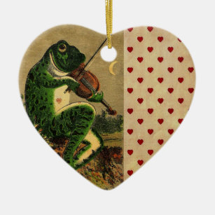 Vintager Whimsical Romantischer Frosch mit Geige Keramik Ornament