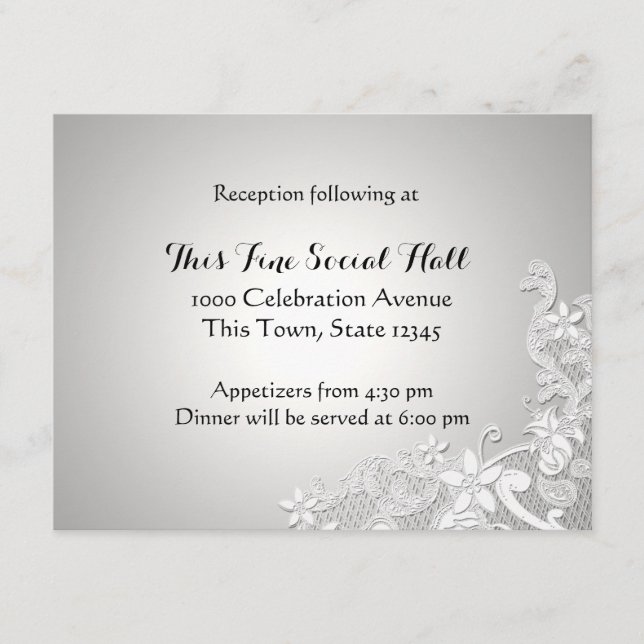 Vintager White Lace Wedding Empfang Silver Begleitkarte (Vorderseite)