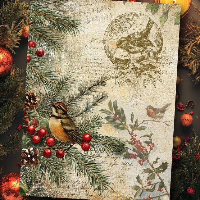 Vintager Winter botanisch mit Vögeln Decoupage Seidenpapier (Von Creator hochgeladen)