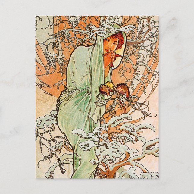 Vintager Winter von Alphonse Mucha Postkarte (Vorderseite)