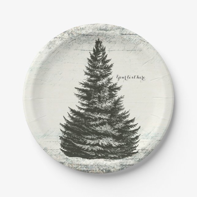 Vintager Winterpine Baum Rustikales Holz Elegantes Pappteller (Vorderseite)