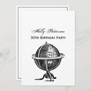 Vintager World Globe Lithograph, der BW Zeichne Einladung