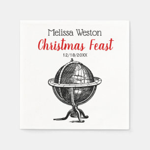 Vintager World Globe Lithograph, der BW Zeichne Serviette