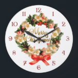 Vintager Wreath-und frohe Weihnacht-Kalligraphie Große Wanduhr<br><div class="desc">Vintager Feiertag Blumenwreath mit Bogen und Gewohnheit nummerierte Skala mit Goldsteigung Kalligraphiegruß "froher Weihnachten".</div>