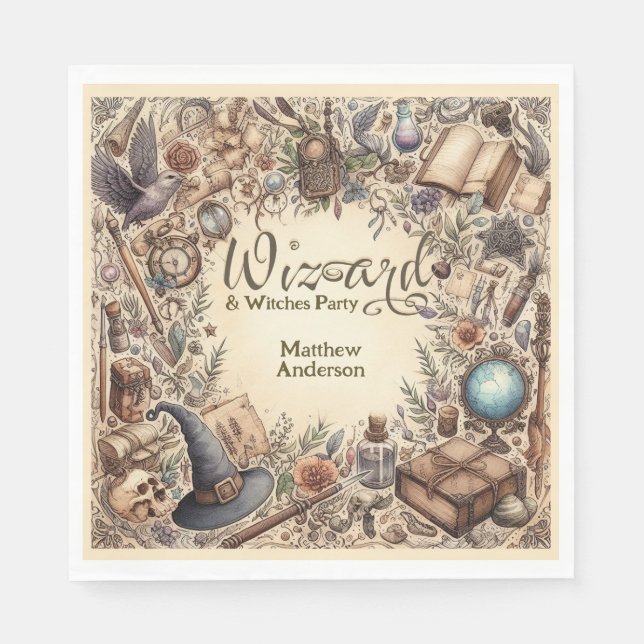 Vintager Zauberer Hexen Party Magical Wands Hats Serviette (Vorderseite)