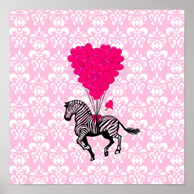 Vintager Zebra- und rosa Herzballon Poster (Vorne)