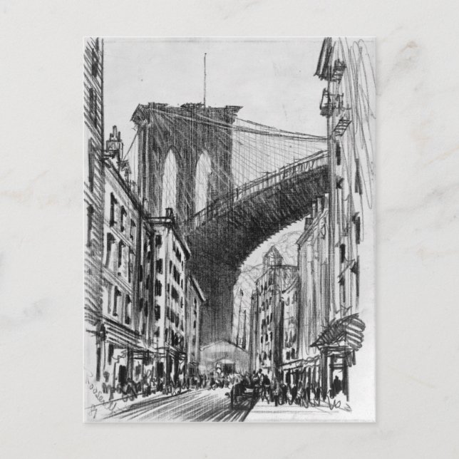 Vintager Zeichn von Brooklyn Bridge Tenements Postkarte (Vorderseite)