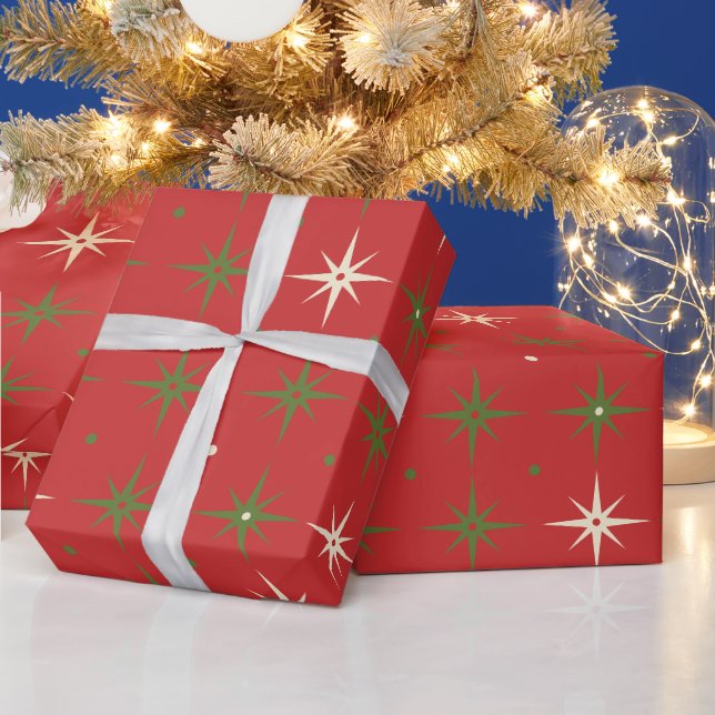 Vintager zeitgenössischer Red Christmas Star & Bal Geschenkpapier (Feiertage)