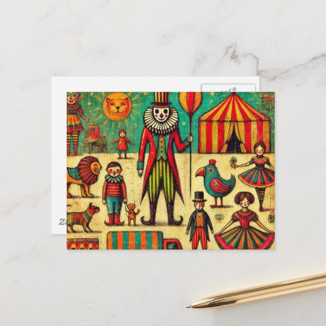 Vintager Zirkus Clown-Collage Postkarte (Vorderseite/Rückseite Beispiel)