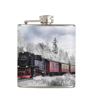 Vintager Zug durch die Winterlandschaft Flachmann