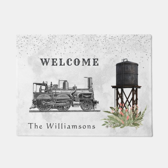 Vintager Zugwasserturm Floral Confetti Herzlich wi Fußmatte (Vorderseite)