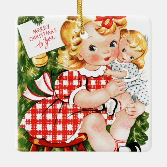 Vintages 1950 Mädchen mit Puppe Keramikornament (Vorderseite)