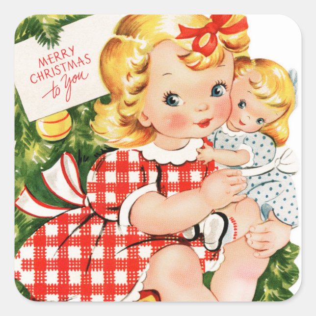 Vintages 1950 Mädchen mit Puppe Quadratischer Aufkleber (Vorderseite)