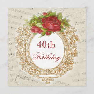 Vintages 40. Geburtstag Rote Rose Frame Music Shee Einladung